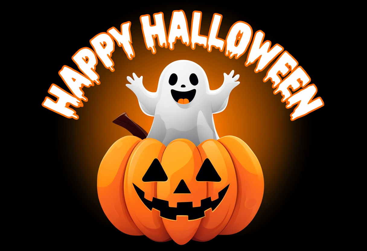 Cheerful Halloween Pumpkin and Ghost Cartoon Art Poster