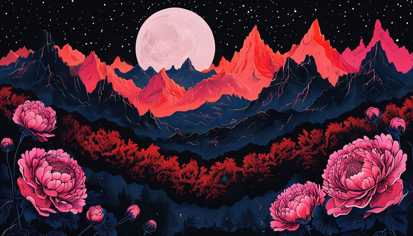 Mystical Nighttime Landscape with Flowers and Moon Virtual Backgrounds