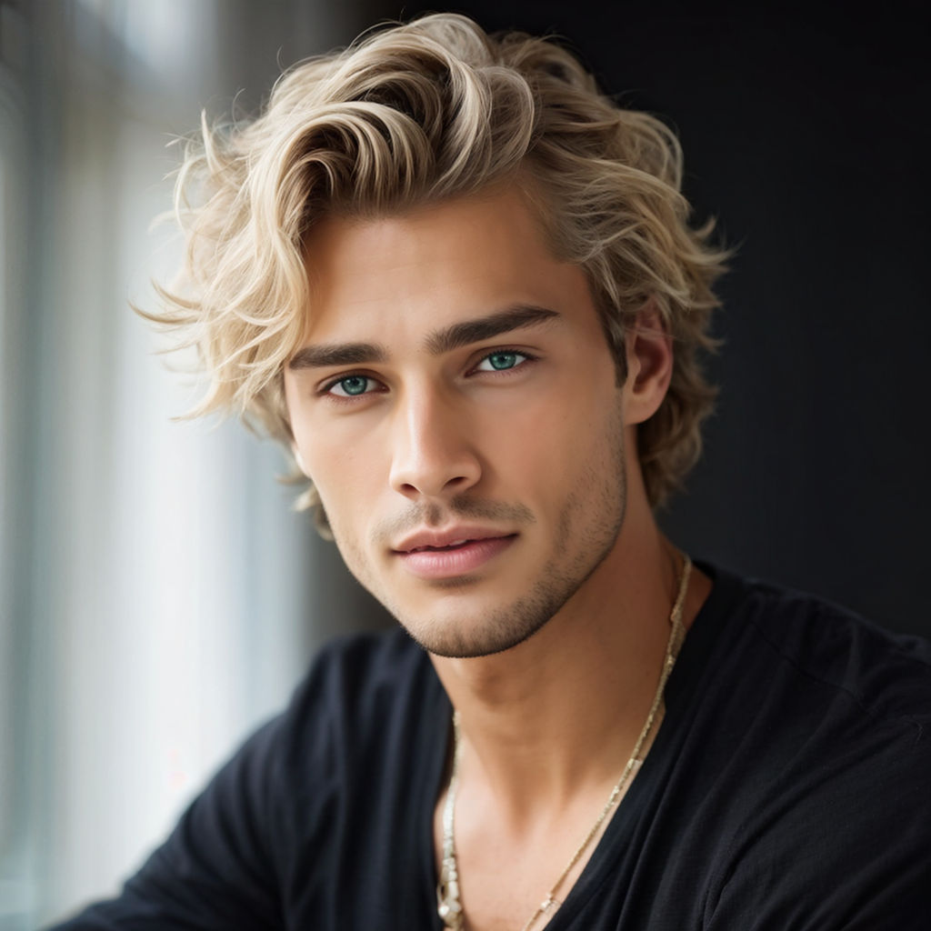 24 year old man with tanned skin and wavy blond hair