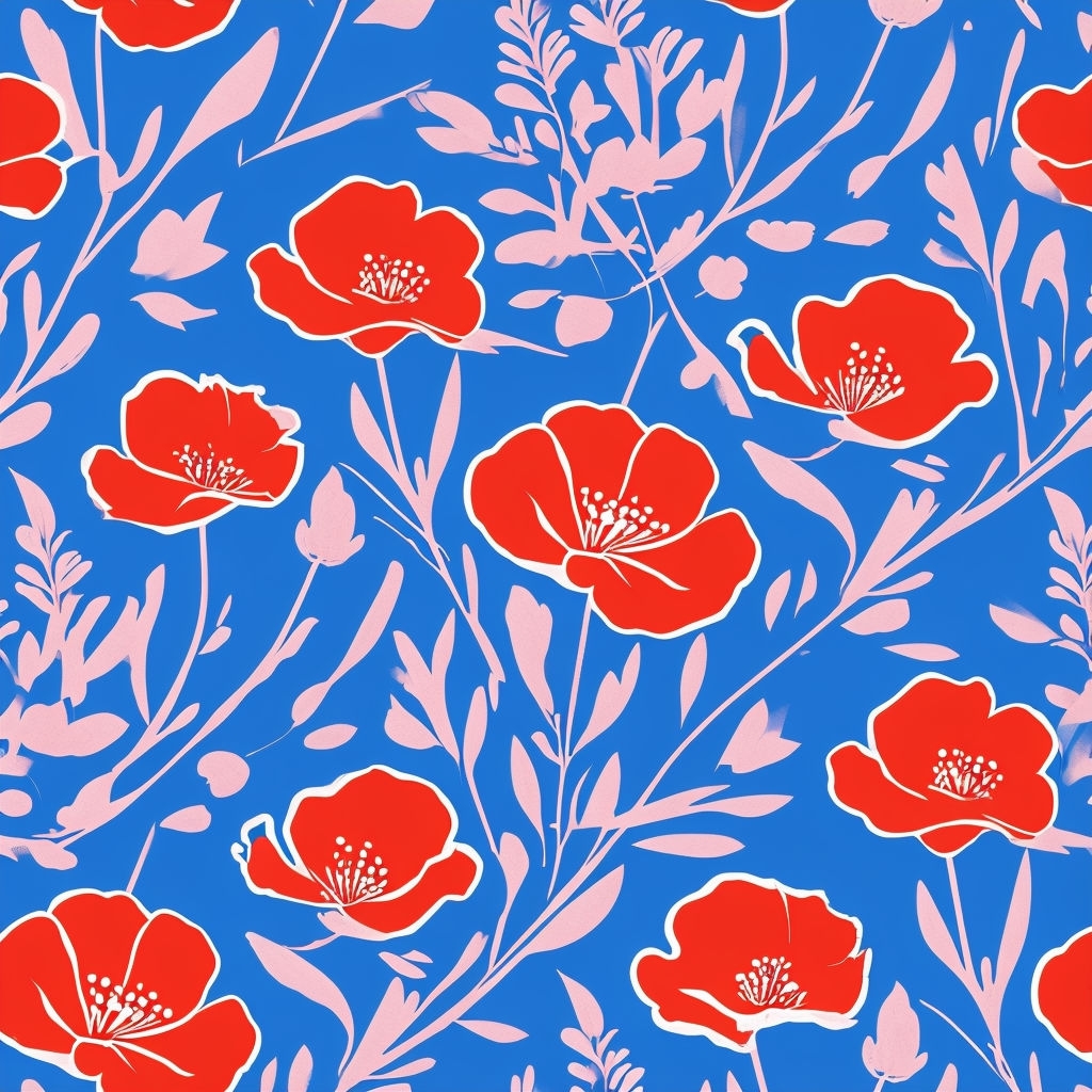 Vibrant Floral Pattern with Red Poppies on Bright Blue Background Seamless Pattern