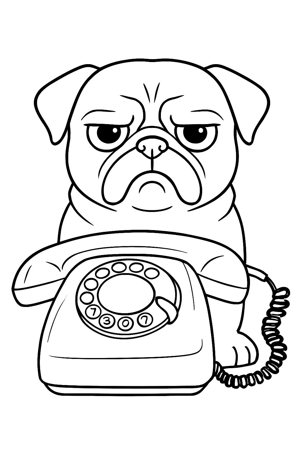 Cartoon Pug with Rotary Telephone Line Drawing Coloring Page