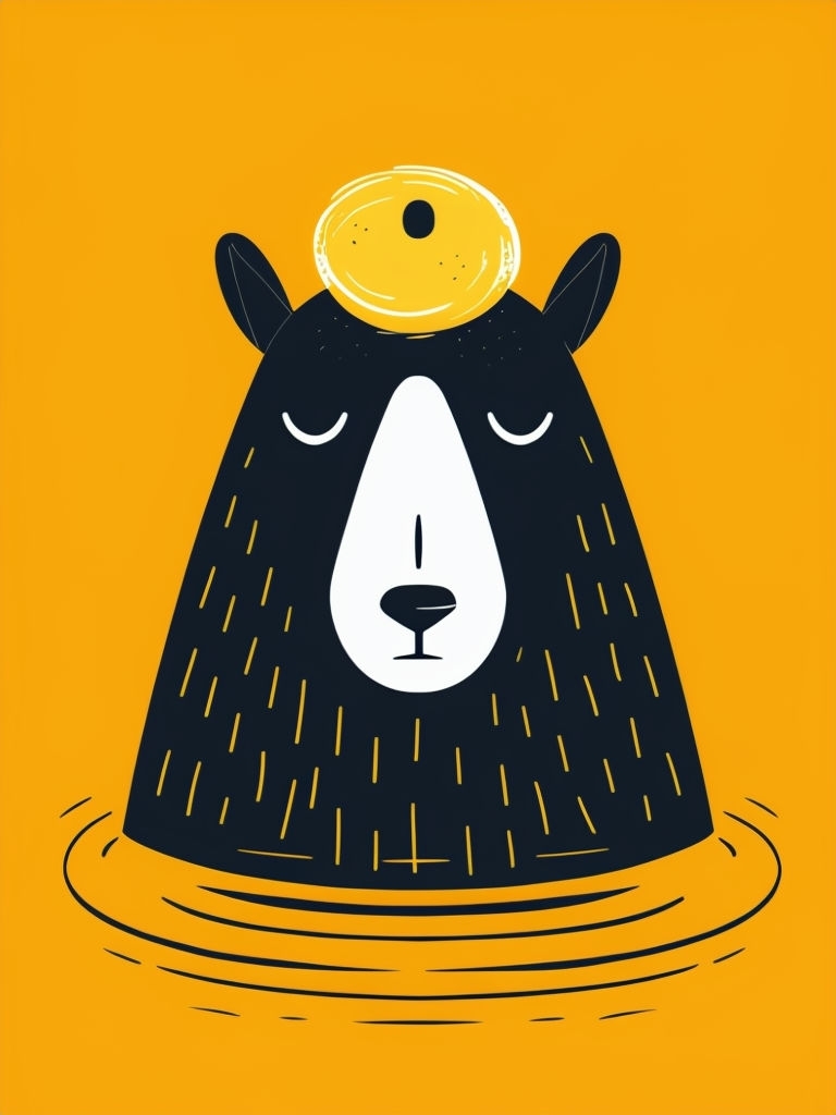Whimsical Abstract Bear Illustration on Amber Yellow Background Art