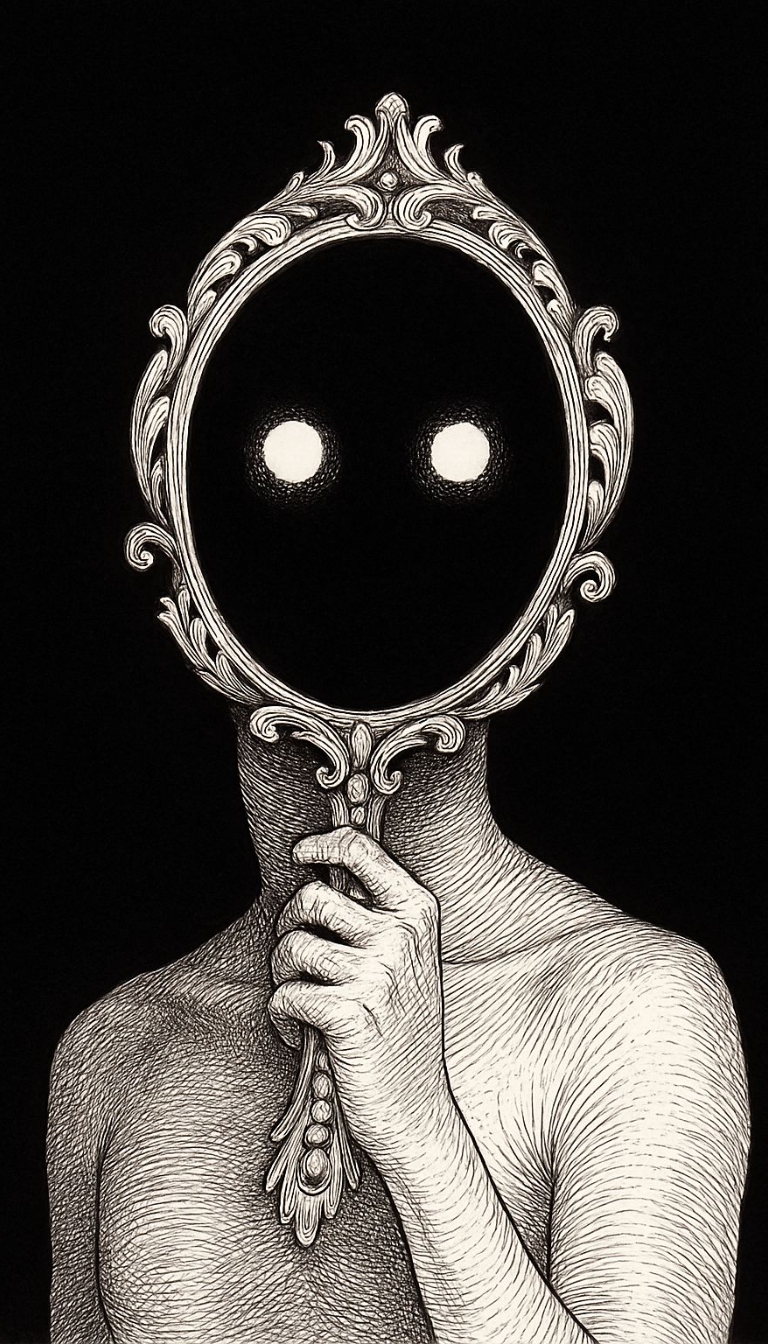 Intricate Black and White Figure with Ornate Mirror Mobile Wallpaper