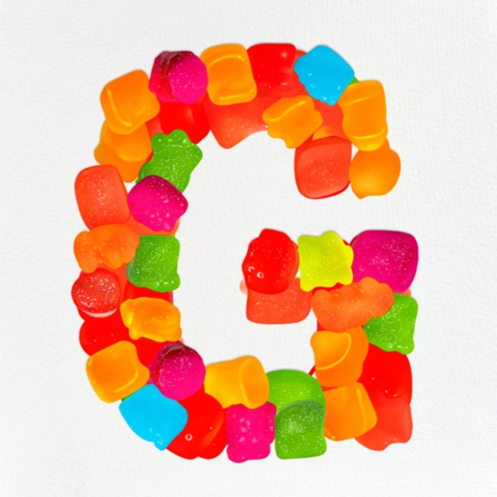 Vibrant G Monogram Made of Colorful Gummy Candy Shapes Monogram