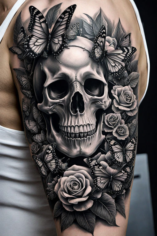 skeleton head and red rose - Skull Tattoo - Sticker | TeePublic