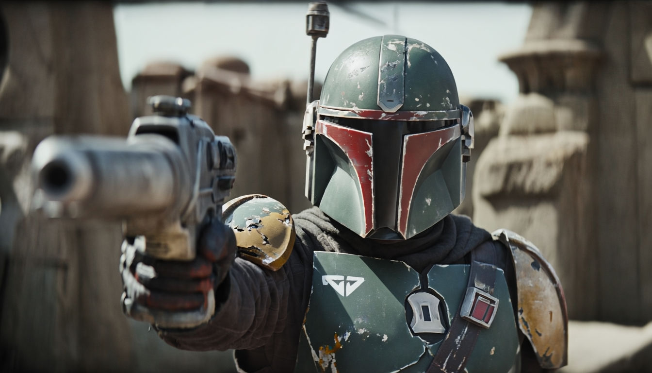 Intense Mandalorian Armor Character with Blaster Action Art