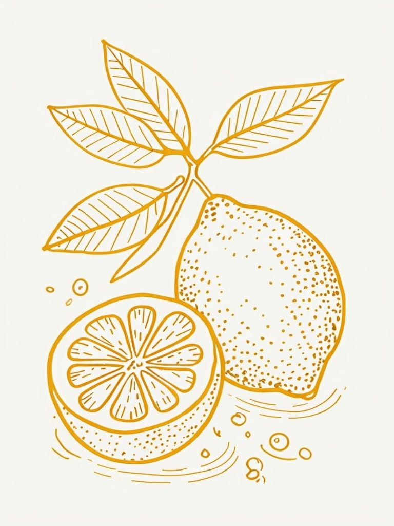 Minimalist Amber Yellow Lemons and Leaves Illustration Art