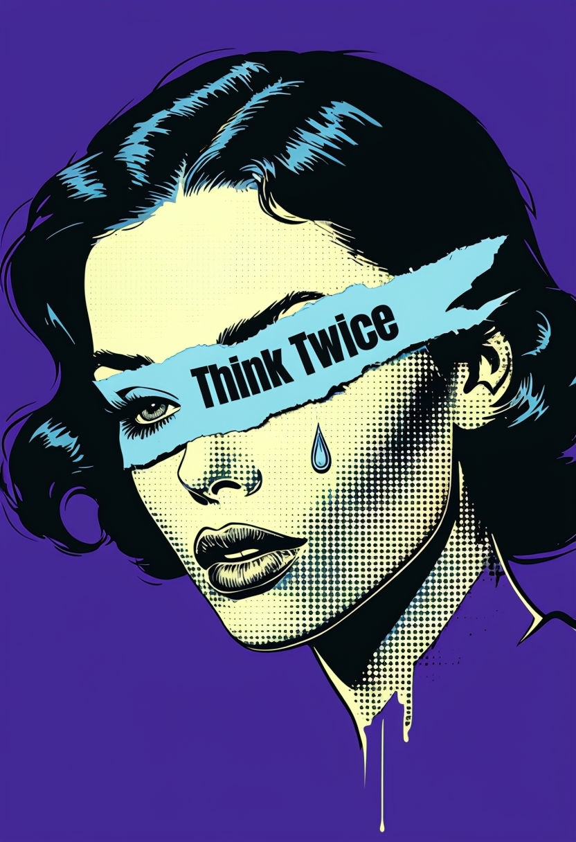 Dramatic Pop Art Woman with "Think Twice" Teardrop Poster Art