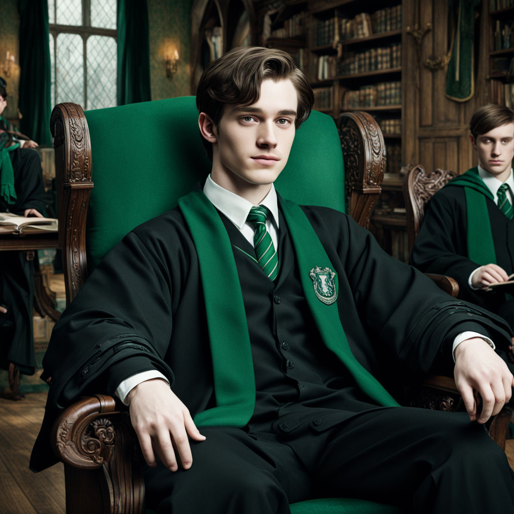 A slytherin perfect sitting in a chair in their common room by lemi ...