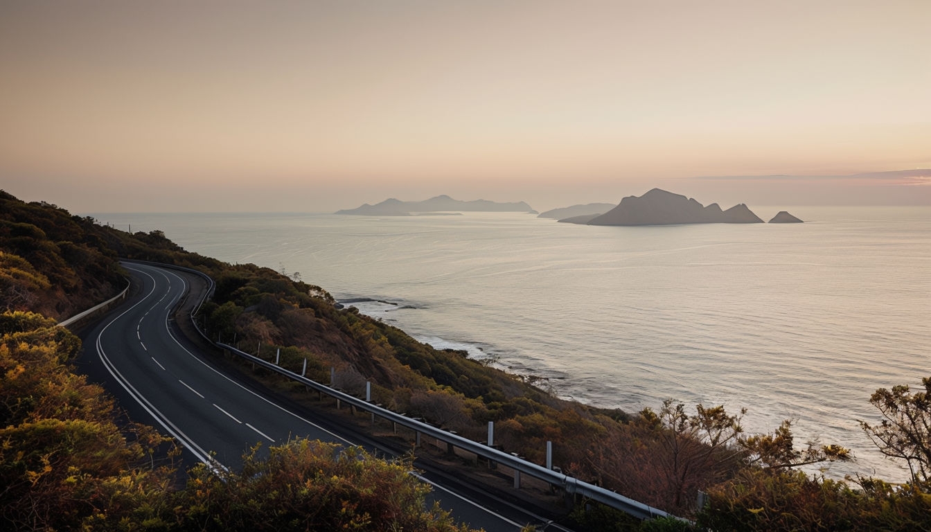 Serene Coastal Road Landscape at Sunset Virtual Backgrounds