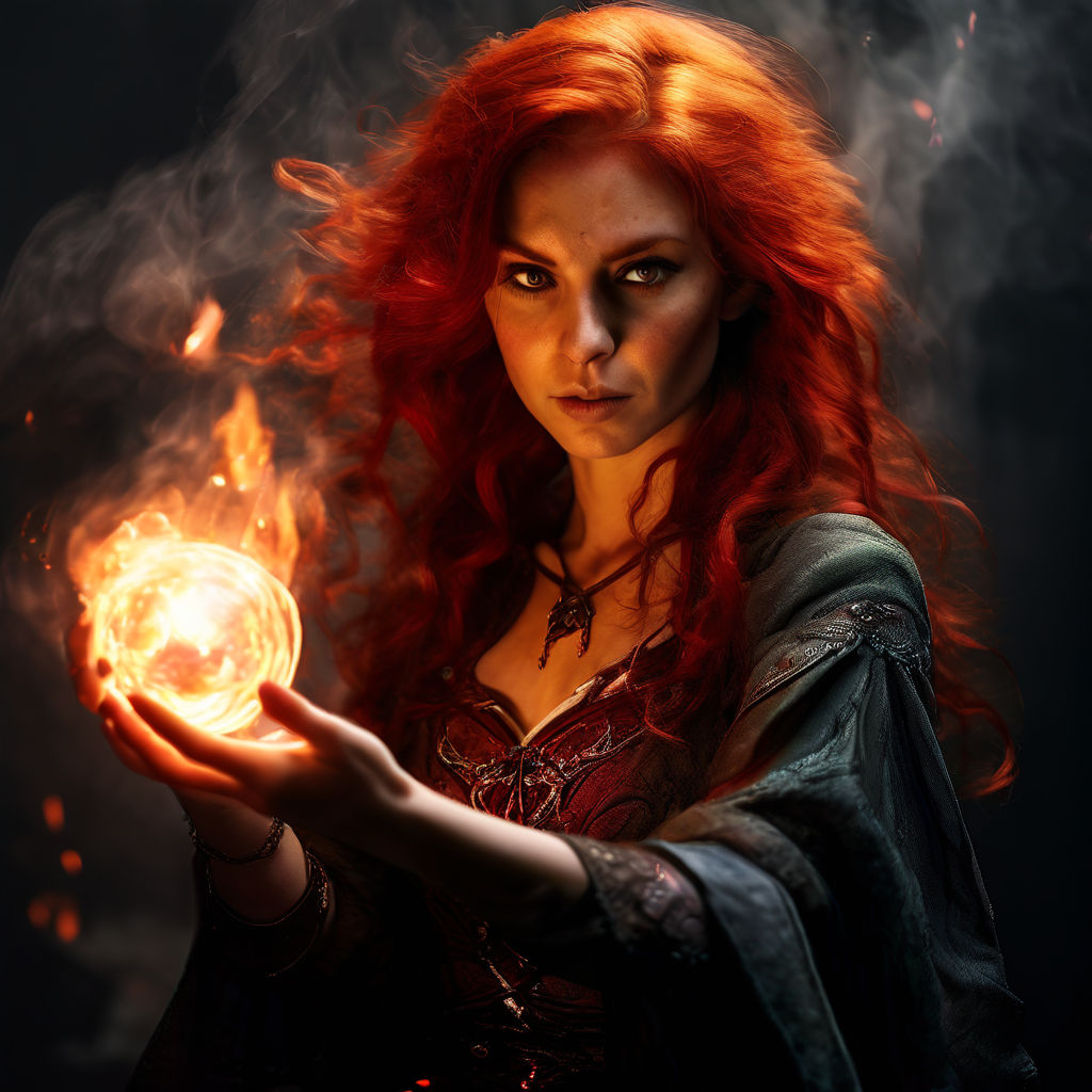 An sorcerer woman with red hair in DnD style. Conjuring a fi... by ...