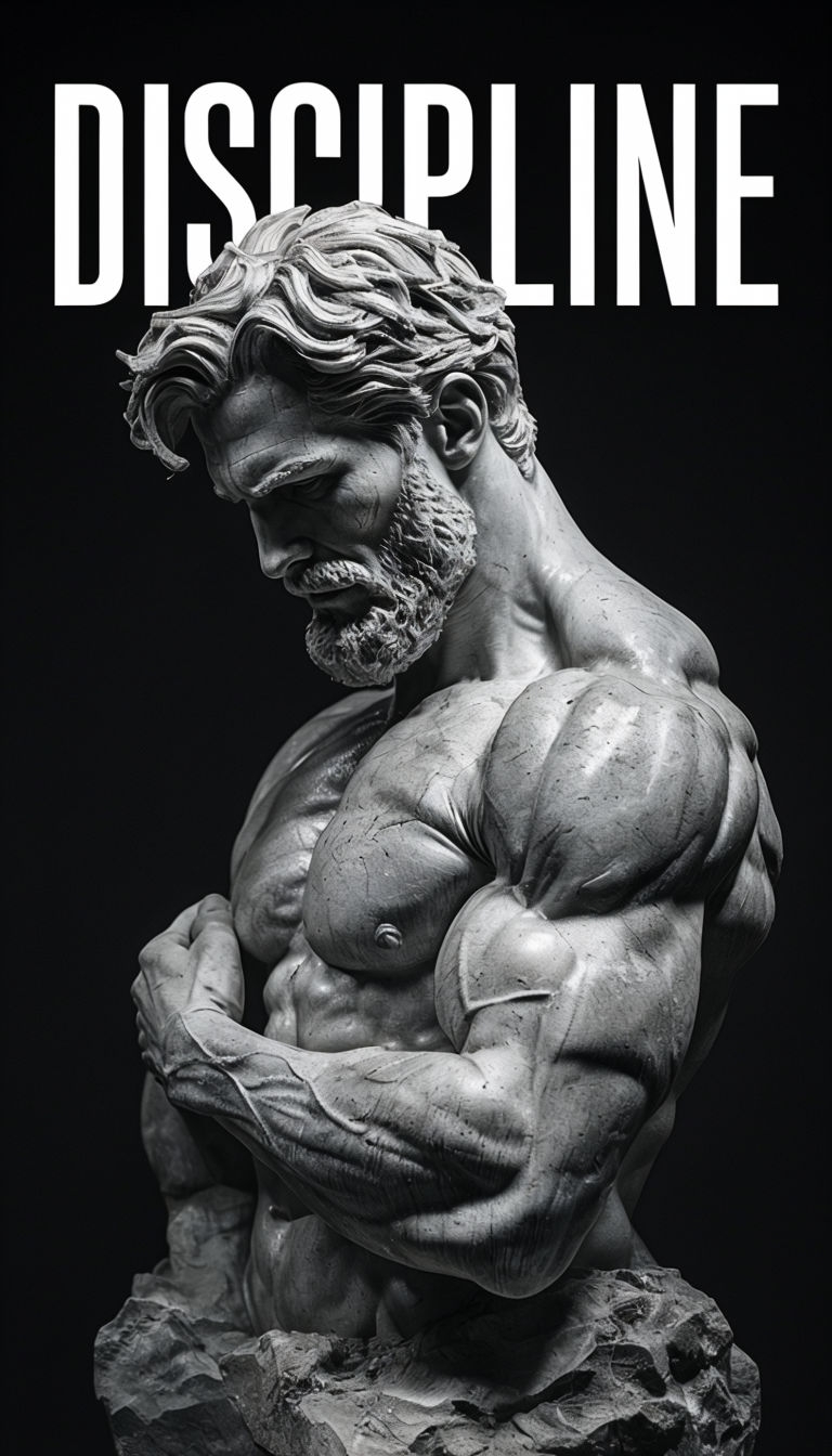Grayscale Muscular Sculpture with Discipline Text T-Shirt