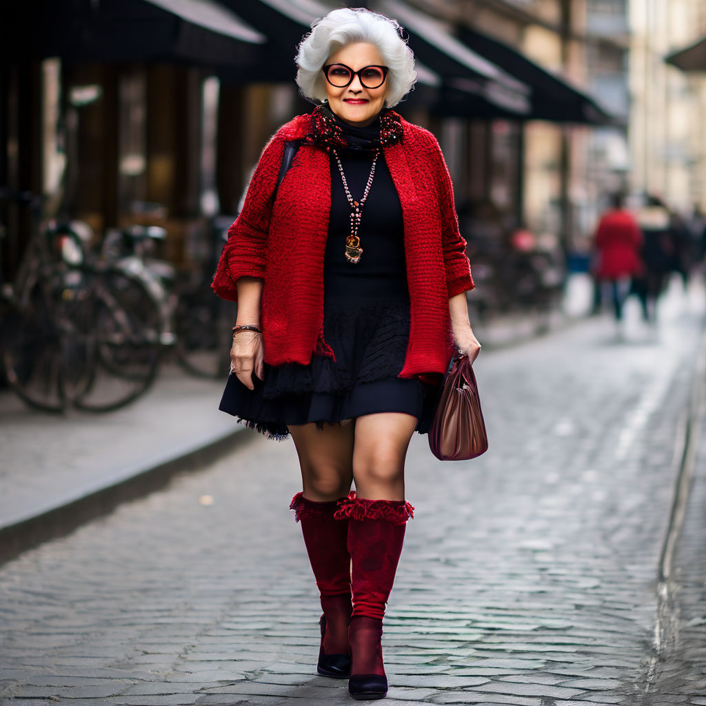 Old woman in miniskirt and boots