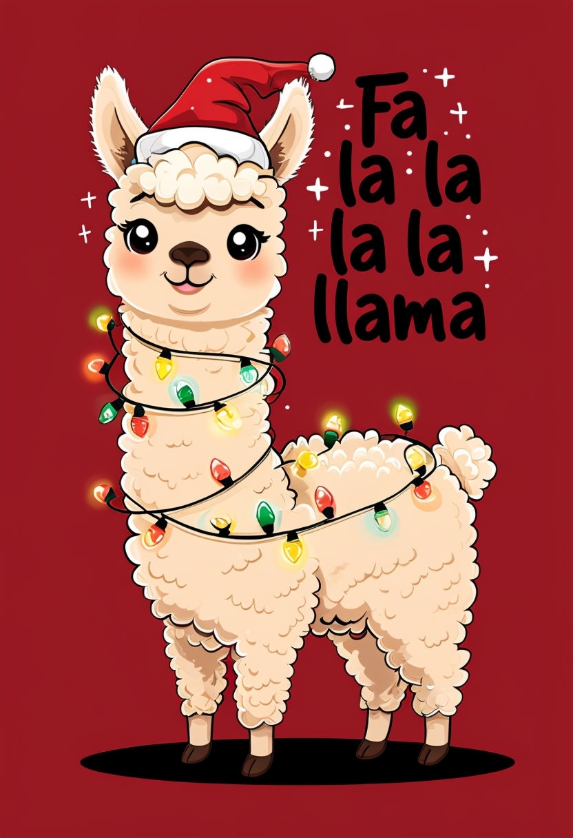 Cheerful Alpaca in Santa Hat with Christmas Lights Card