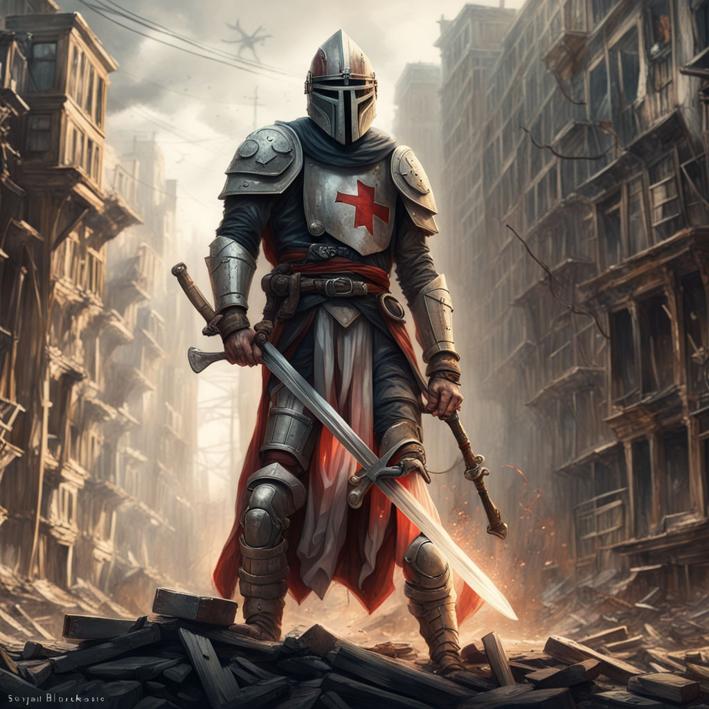 A realistic crusader knights templar warrior is holding a gr... by ...