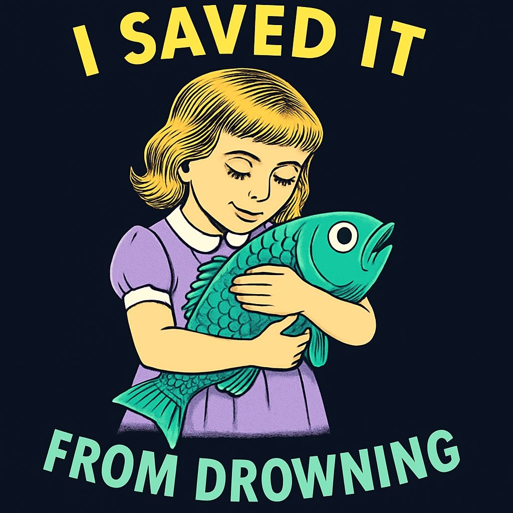 Vintage Girl Saving Fish Illustration T-Shirt