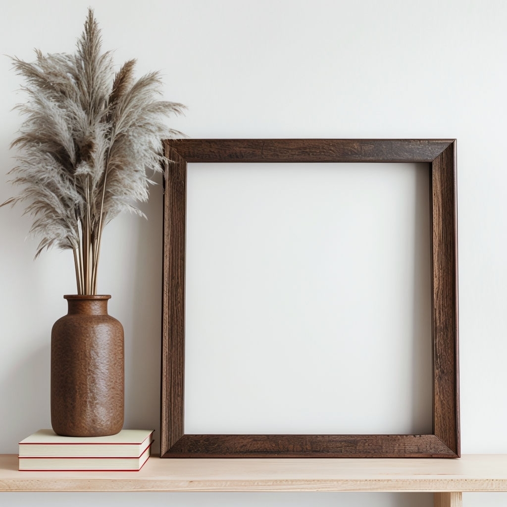 Minimalist Wooden Shelf with Dried Pampas Grass and Frame Mockup