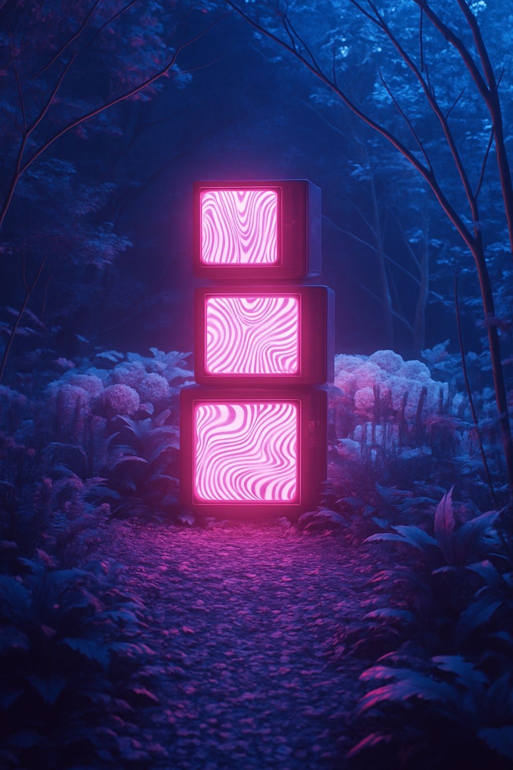 Surreal Retro Television Stacked in Mysterious Forest Art