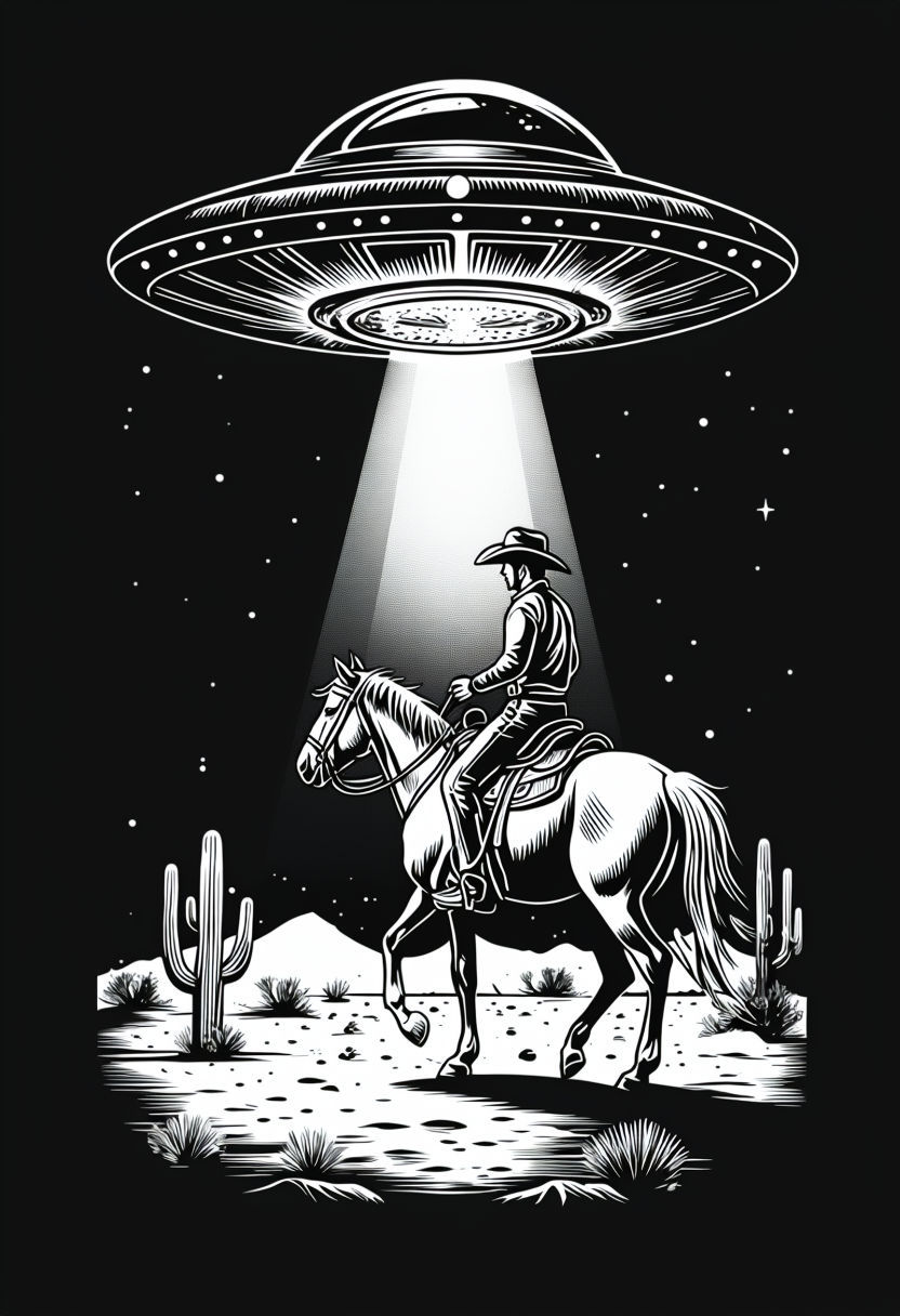 Mysterious Cowboy Under UFO in Black and White Illustration Poster