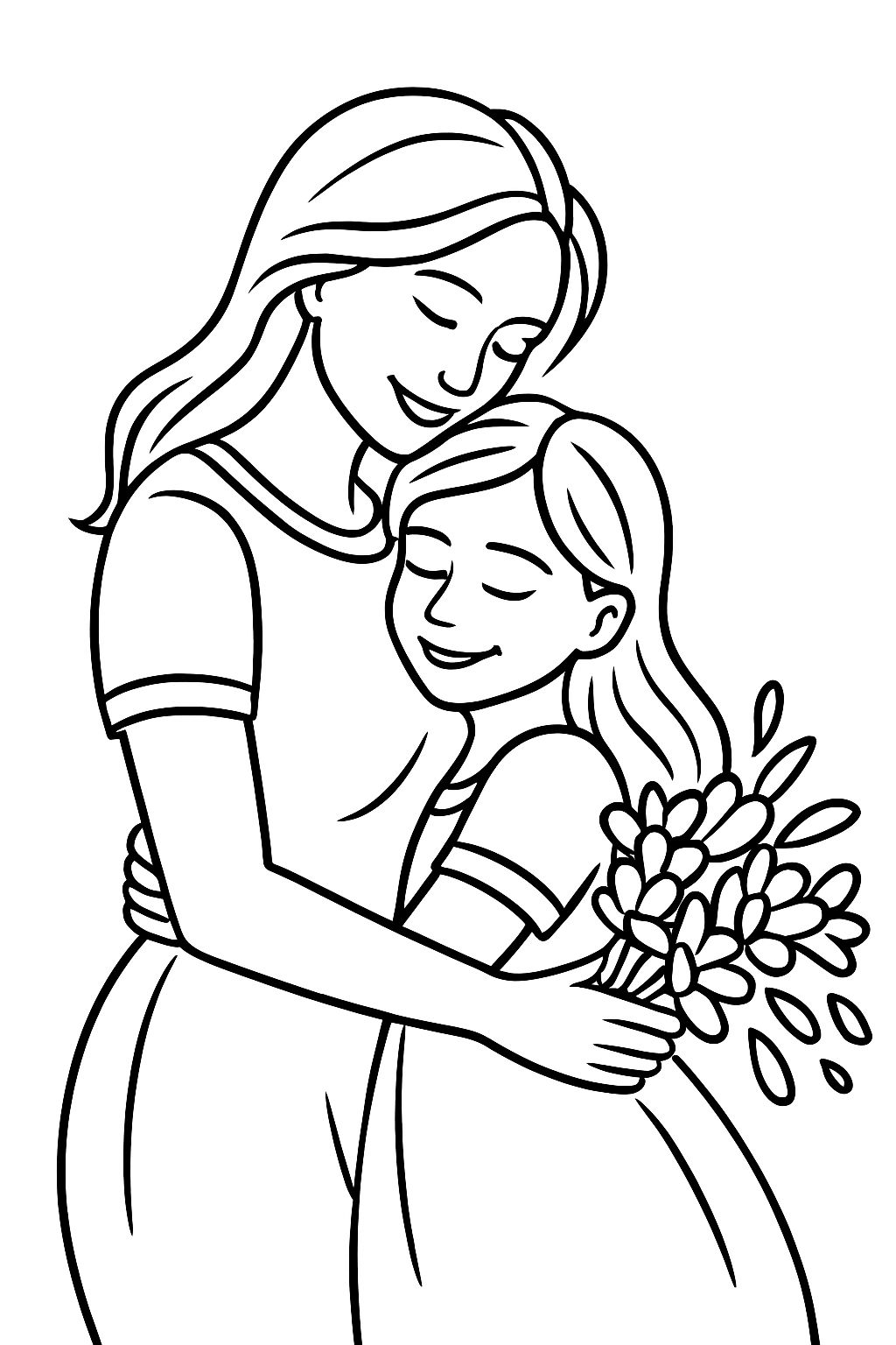 Intimate Mother-Daughter Embrace Black and White Line Drawing Coloring Book Pages