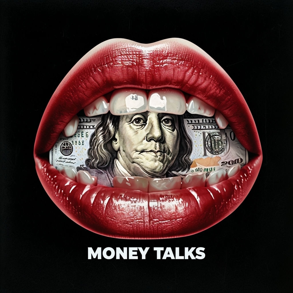 Glossy Crimson Lips with Dollar Bill Teeth Art // Spotify Album Cover