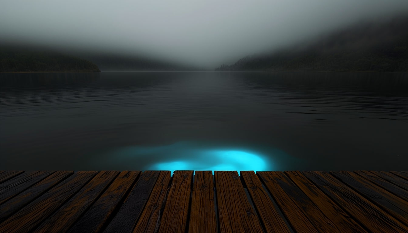 Misty Night Lake View from Wooden Dock Virtual Background