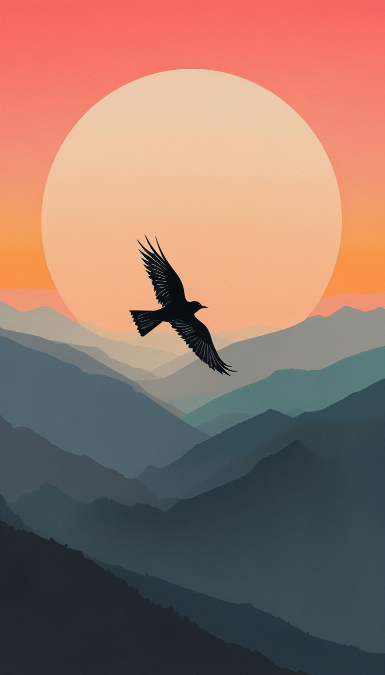 Serene Minimalist Landscape with Bird at Sunset Mobile Wallpaper