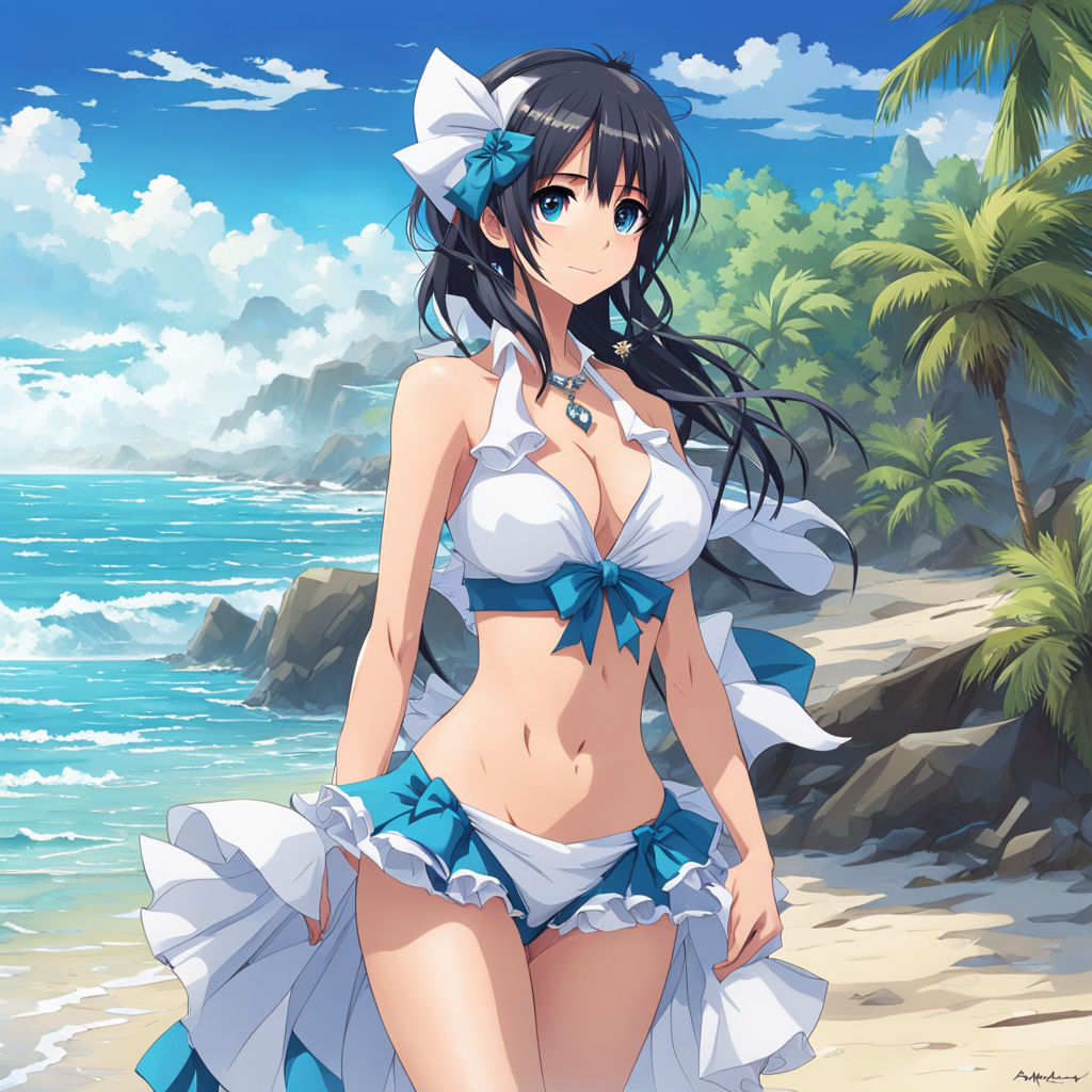 Anime girl in blue bikini with big waist. big chest. brunette. wavy medium  length hair. sitting on bed