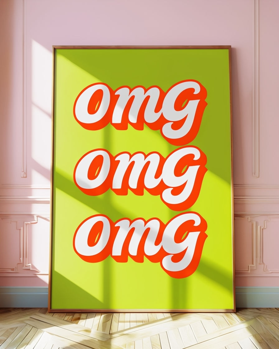 Vibrant Retro OMG Artwork with Framed Mockup Display