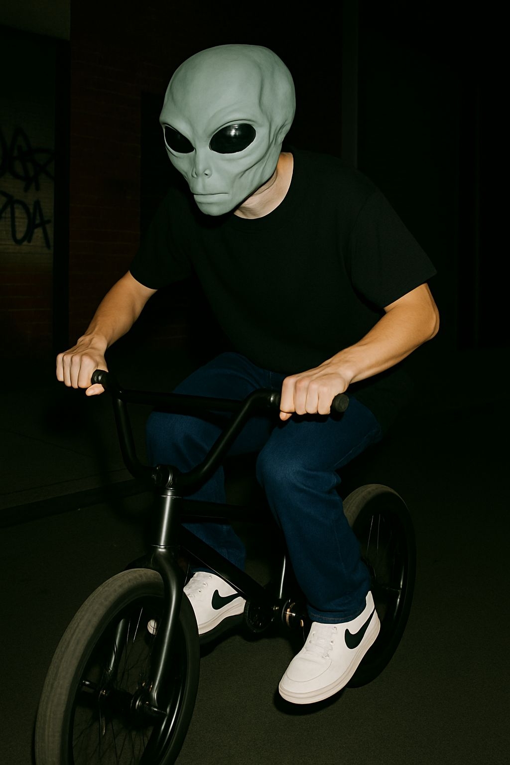 Alien Mask BMX Rider Illustration in Dimly Lit Alley Art