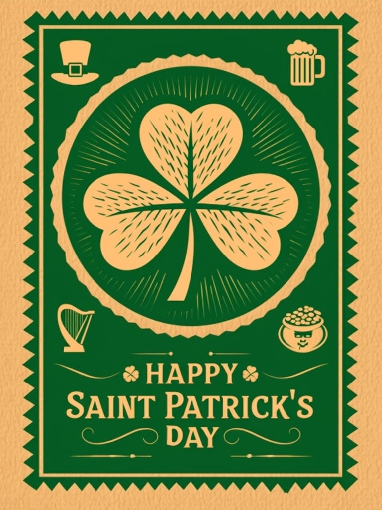 Vintage St. Patrick's Day Shamrock Poster with Festive Icons Card