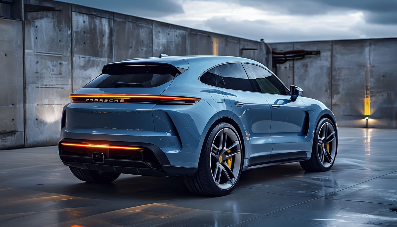 Sleek Light Blue Porsche Electric SUV in Dramatic Industrial Setting Background