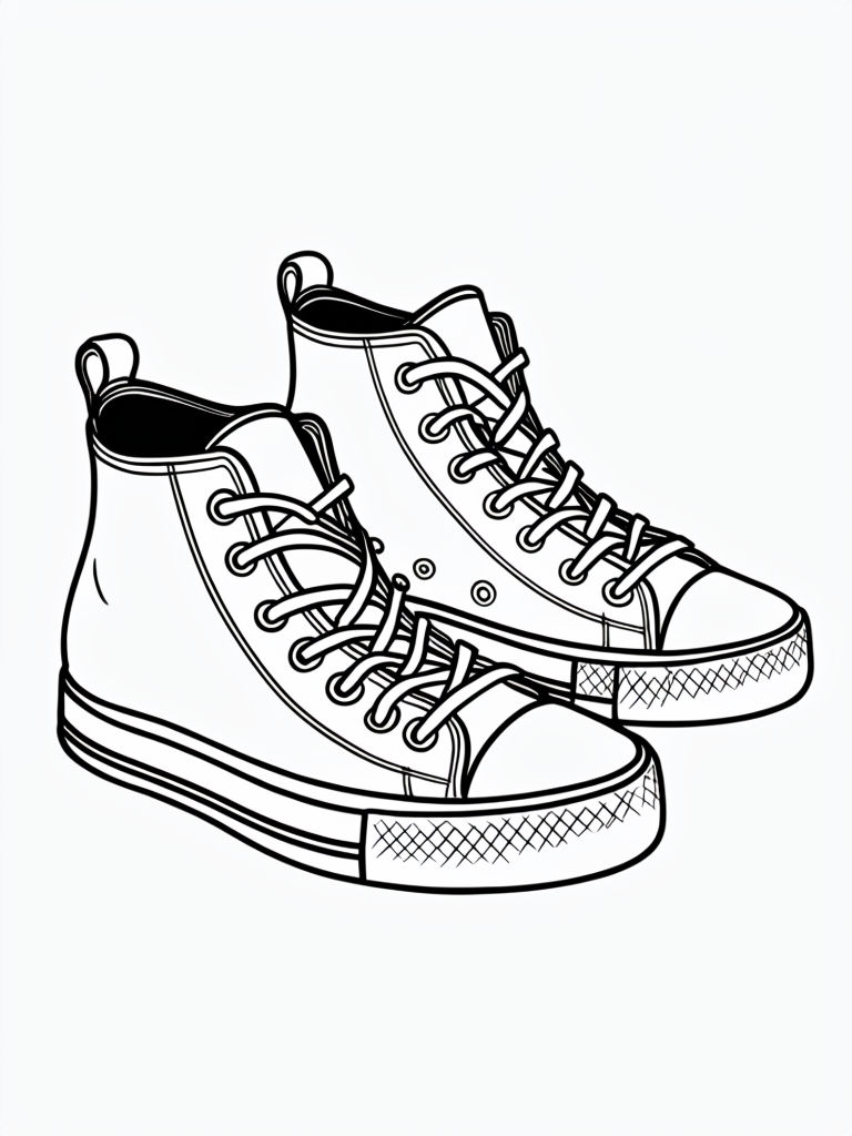 High-Top Sneakers Black and White Line Art Coloring Page