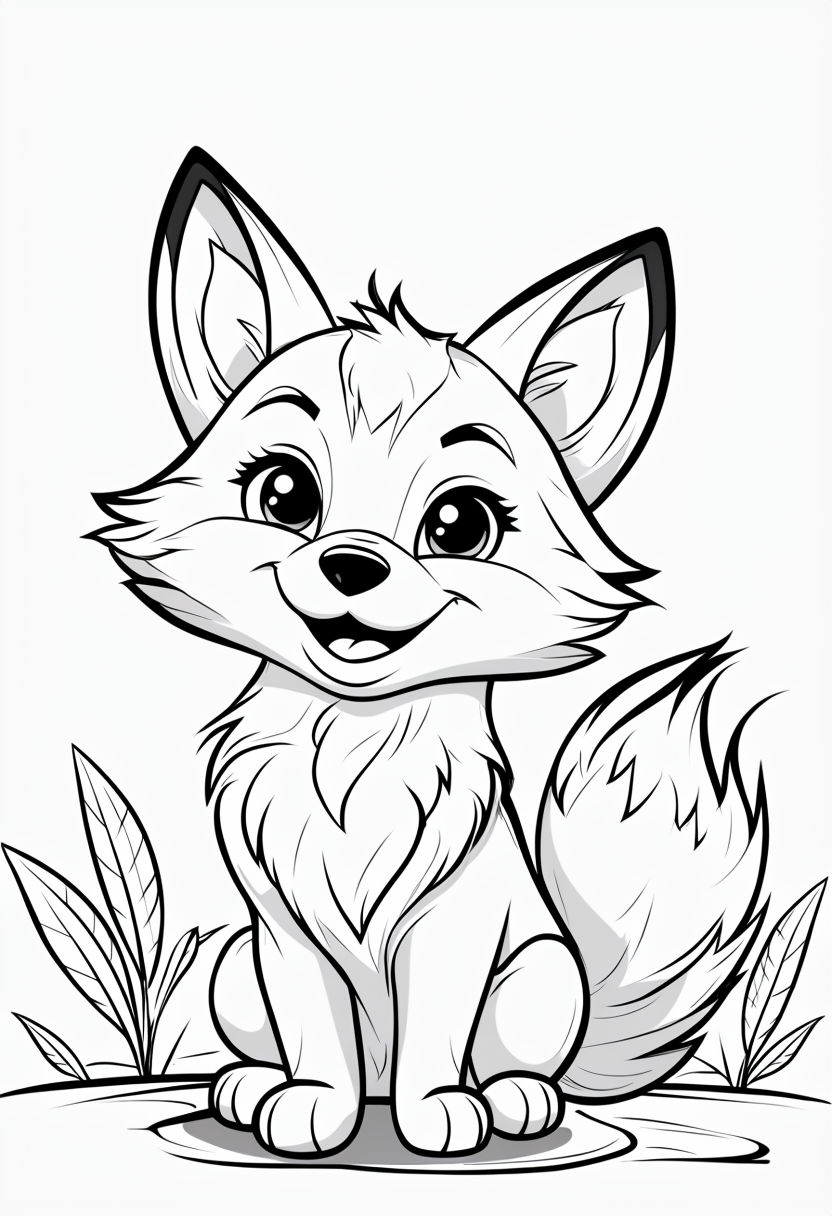 Cute Cartoon Fox Sitting with Leaves Coloring Book Page