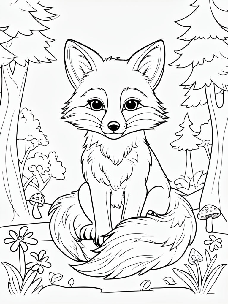 Playful Fox in Forest Line Drawing Coloring Page