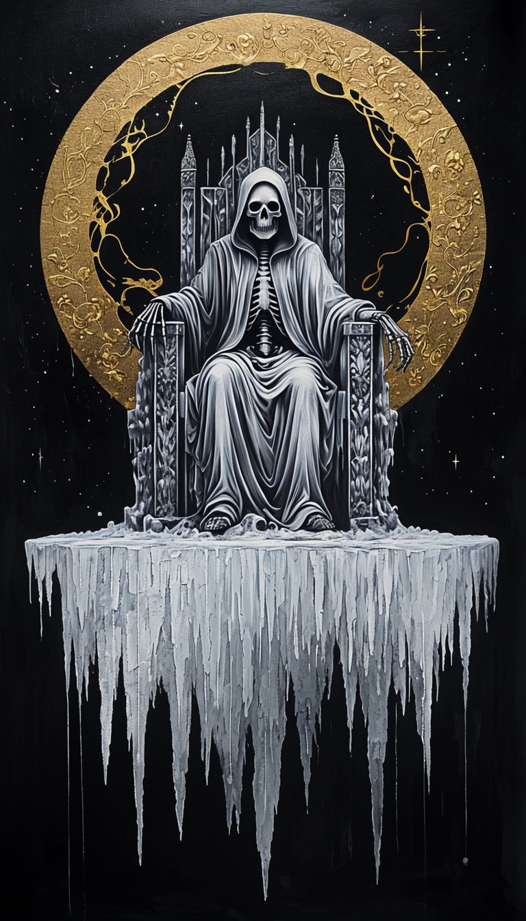 Eerie Skeletal Figure on Ornate Throne Surrounded by Stars Mobile Wallpaper