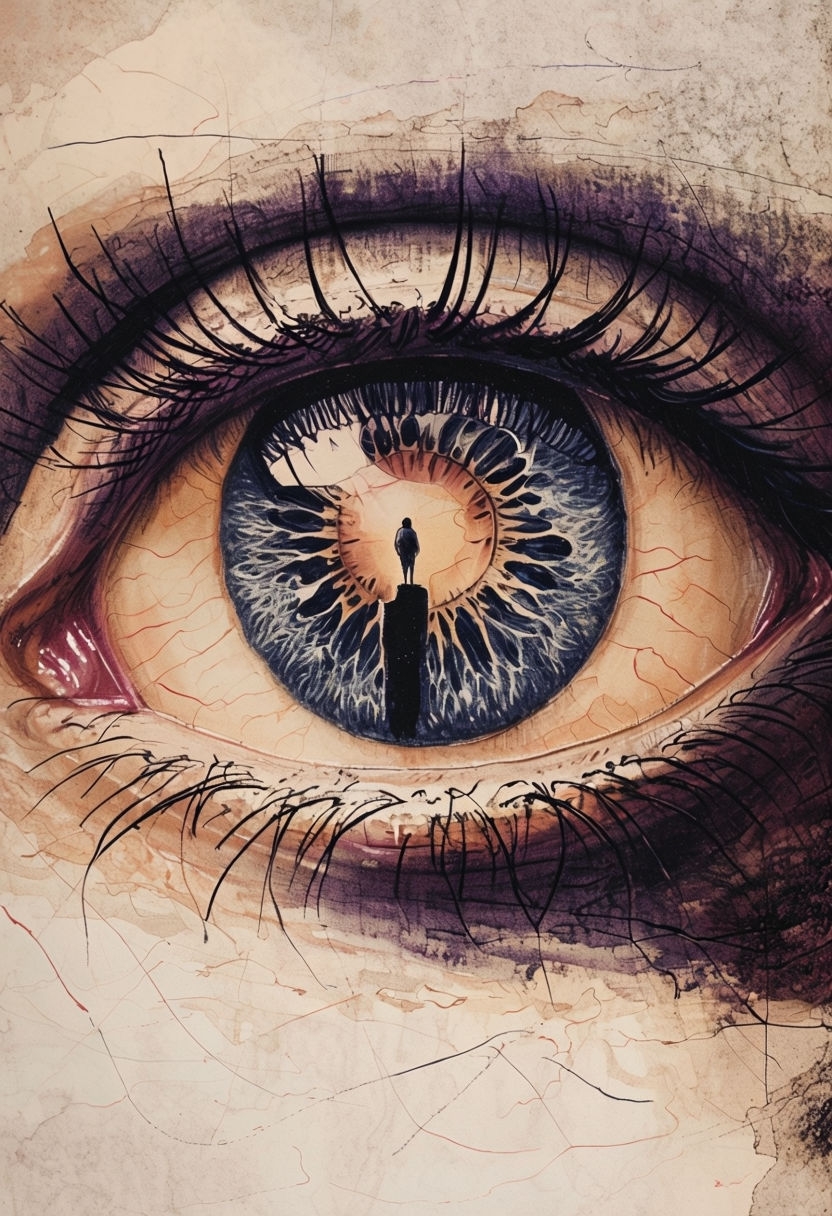 Intricate Human Eye Illustration with Surrealistic Elements Mobile Wallpaper