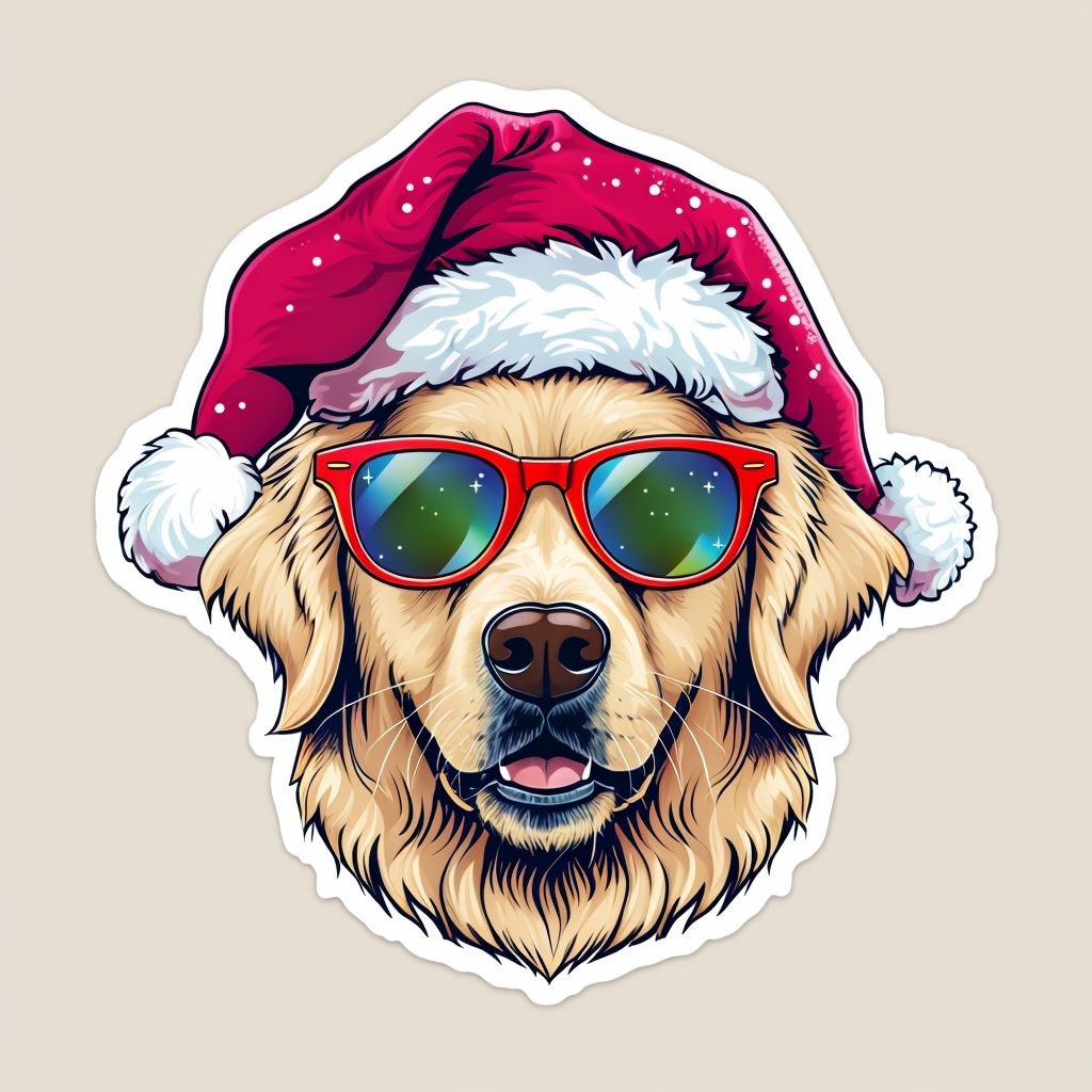 Cheerful Golden Retriever with Santa Hat and Sunglasses Sticker