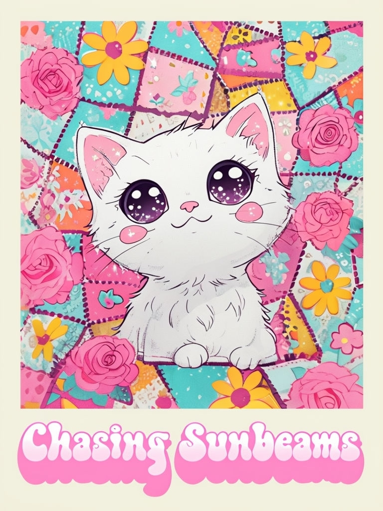 Kawaii Cat with Floral Patchwork and Chasing Sunbeams T-Shirt