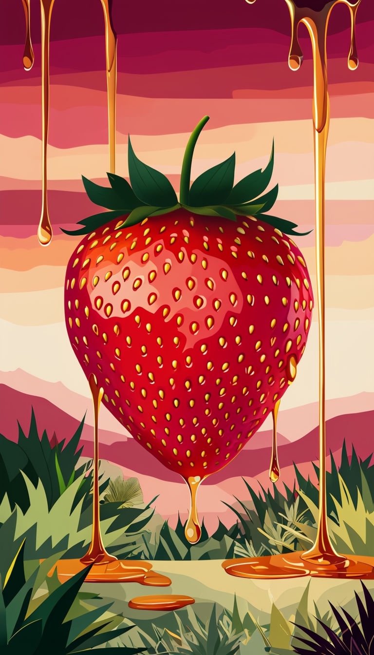 Vibrant Surreal Strawberry with Honey Drips Mobile Wallpaper