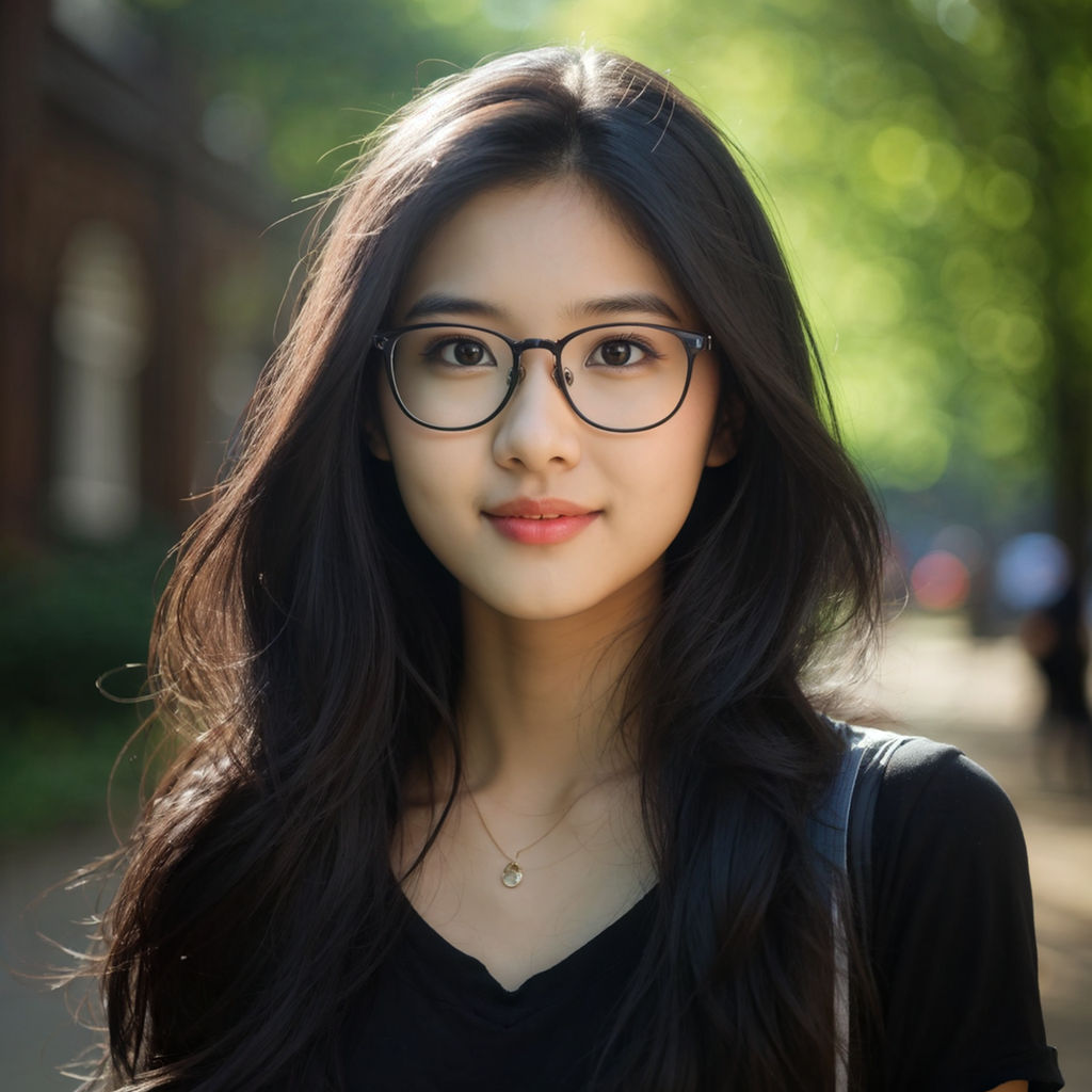 asian girl with round glasses and wolf cut and cute