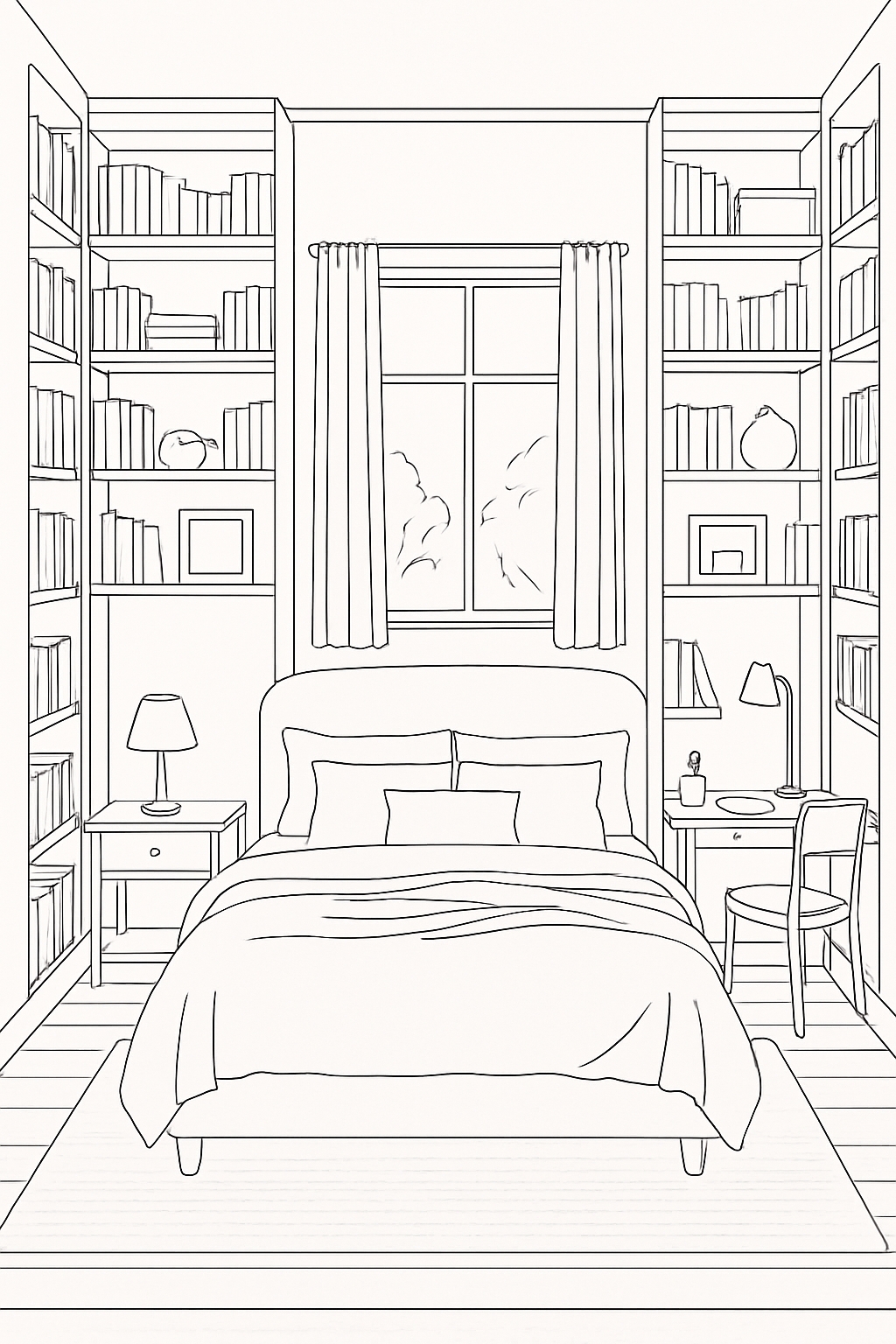 Cozy Minimalist Bedroom Line Drawing Art for Relaxation Coloring Book Pages
