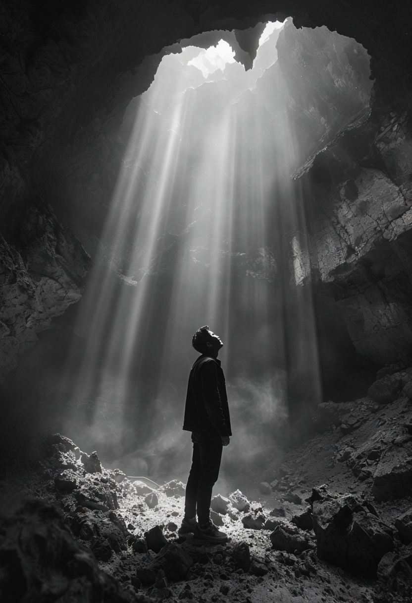 Dramatic Black and White Cave Contemplation Art Poster