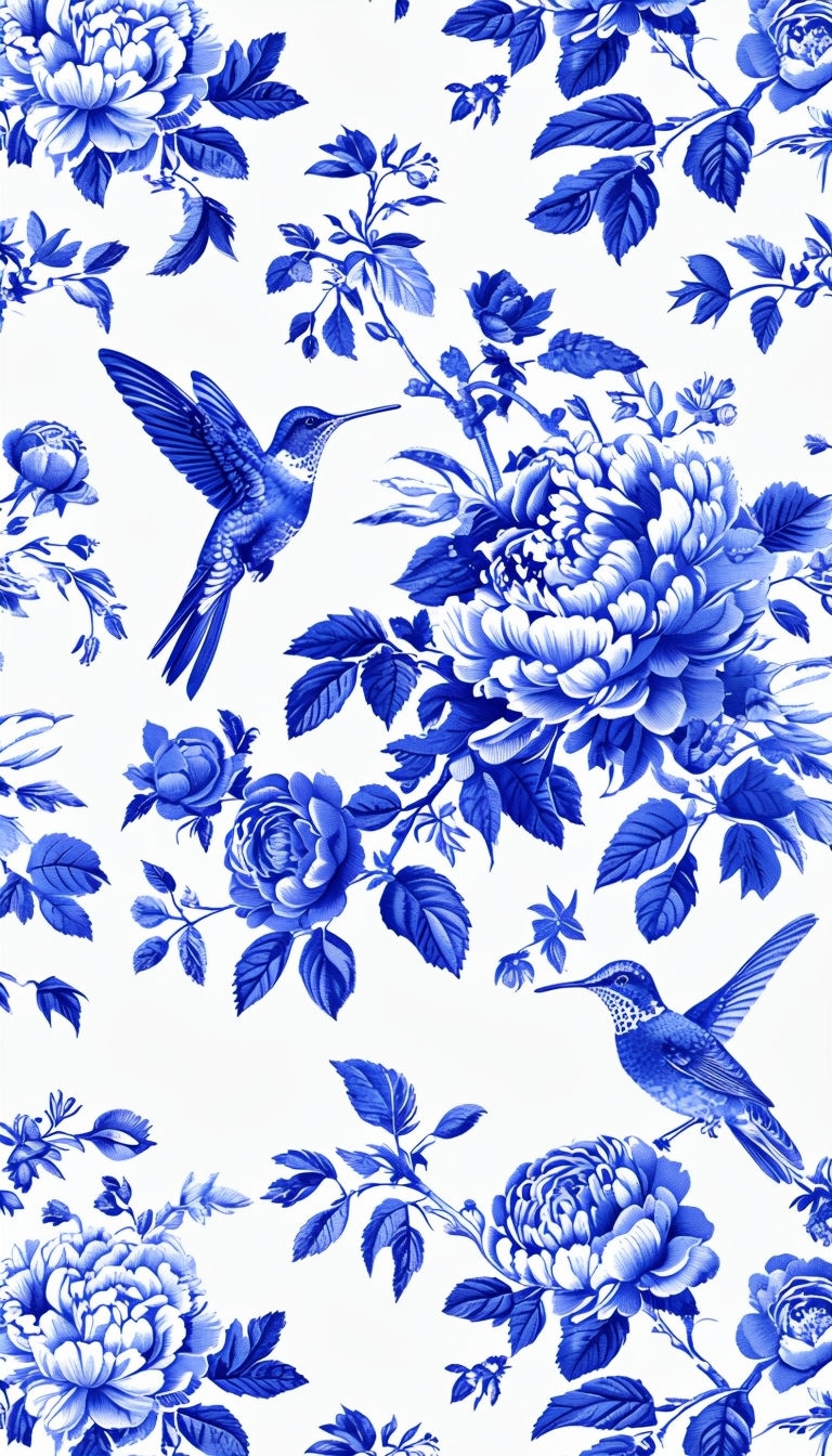 Vibrant Blue Floral and Bird Pattern Mobile Wallpaper