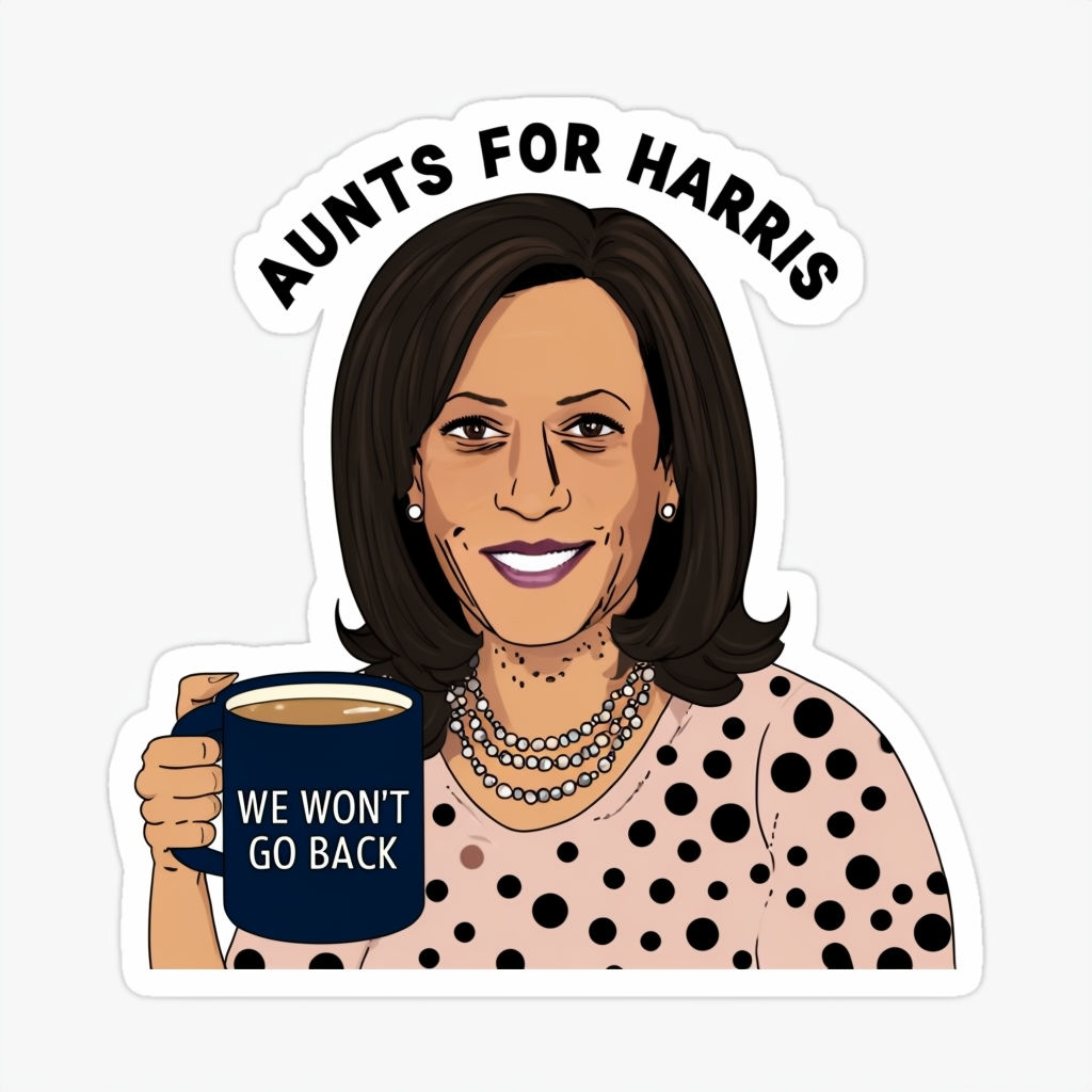 Empowering Cartoon Kamala Harris Sticker with "Aunts for Harris" Design