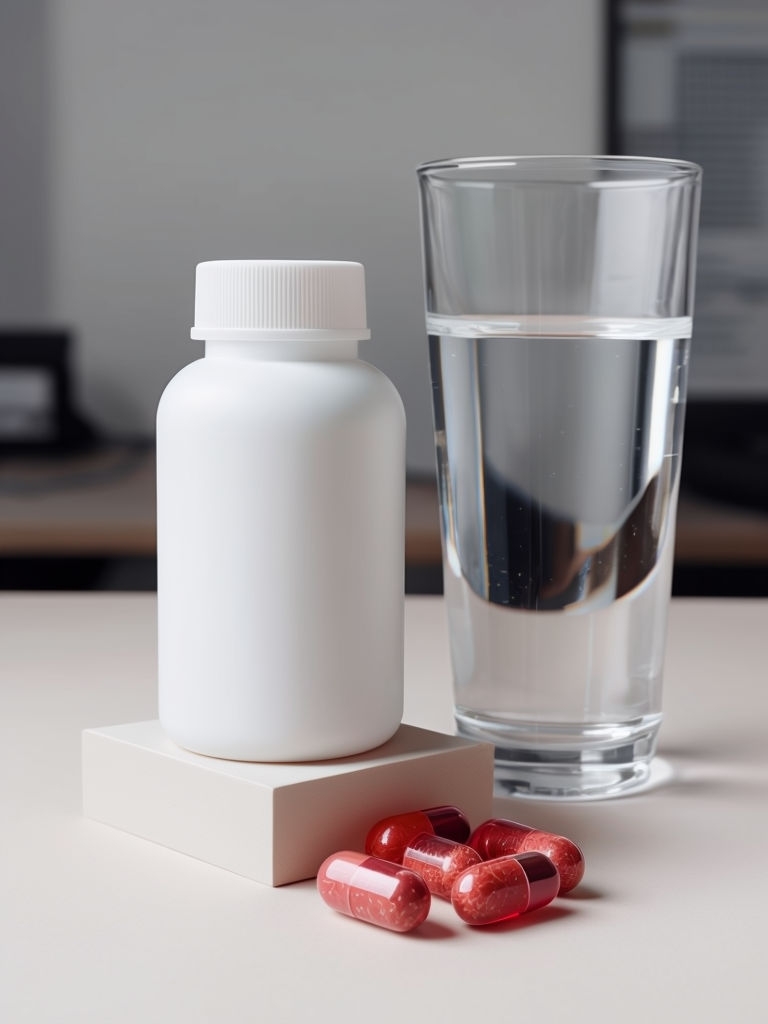 Minimalist Still Life with Pill Bottle and Water Glass Photograph Mockup