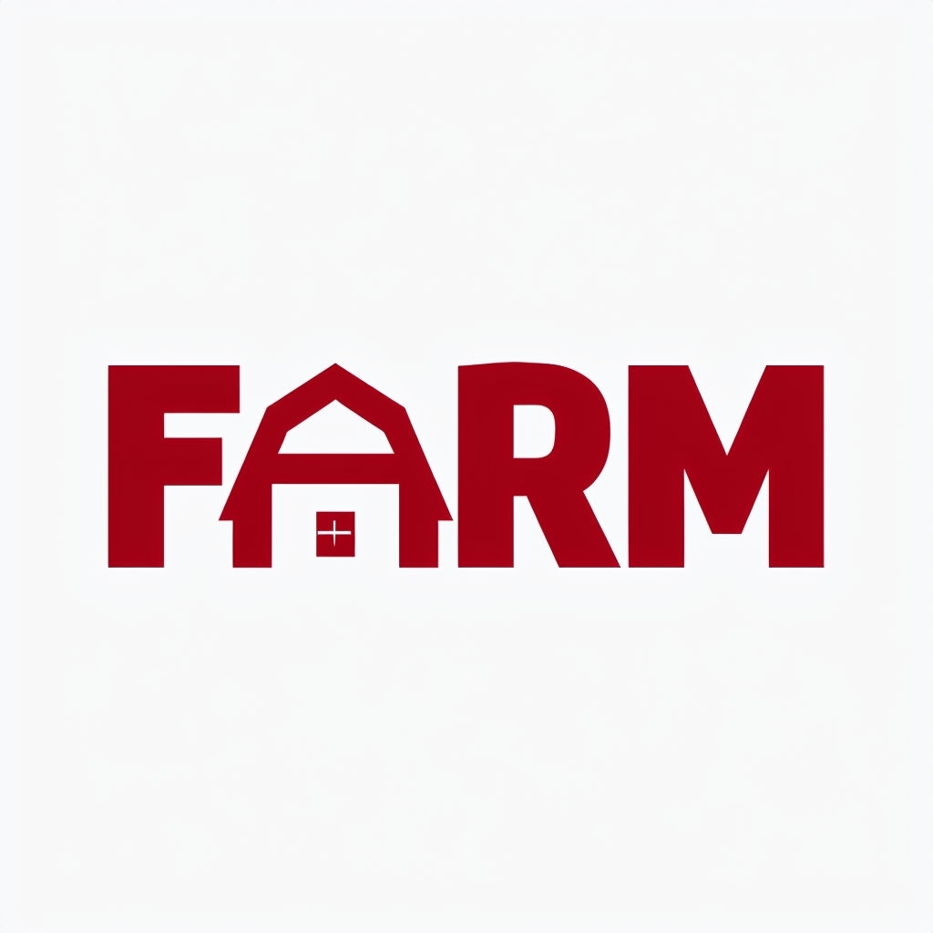 Minimalist Farm Logo with Barn Silhouette in Bold Red Typeface