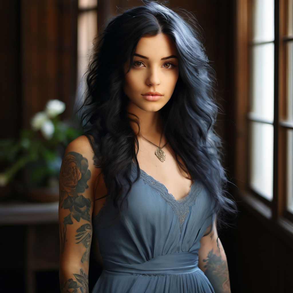 Tattooed long black haired girl with green eyes and straight bangs