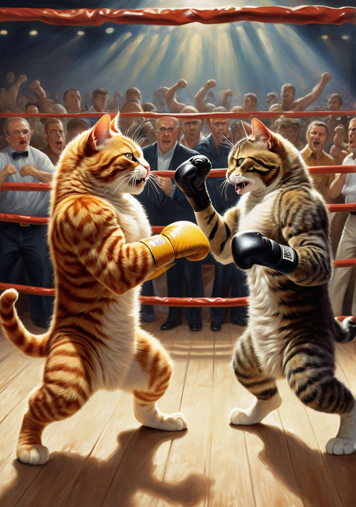 Two cats engaged in a boxing match within a ring by Kaku - Playground