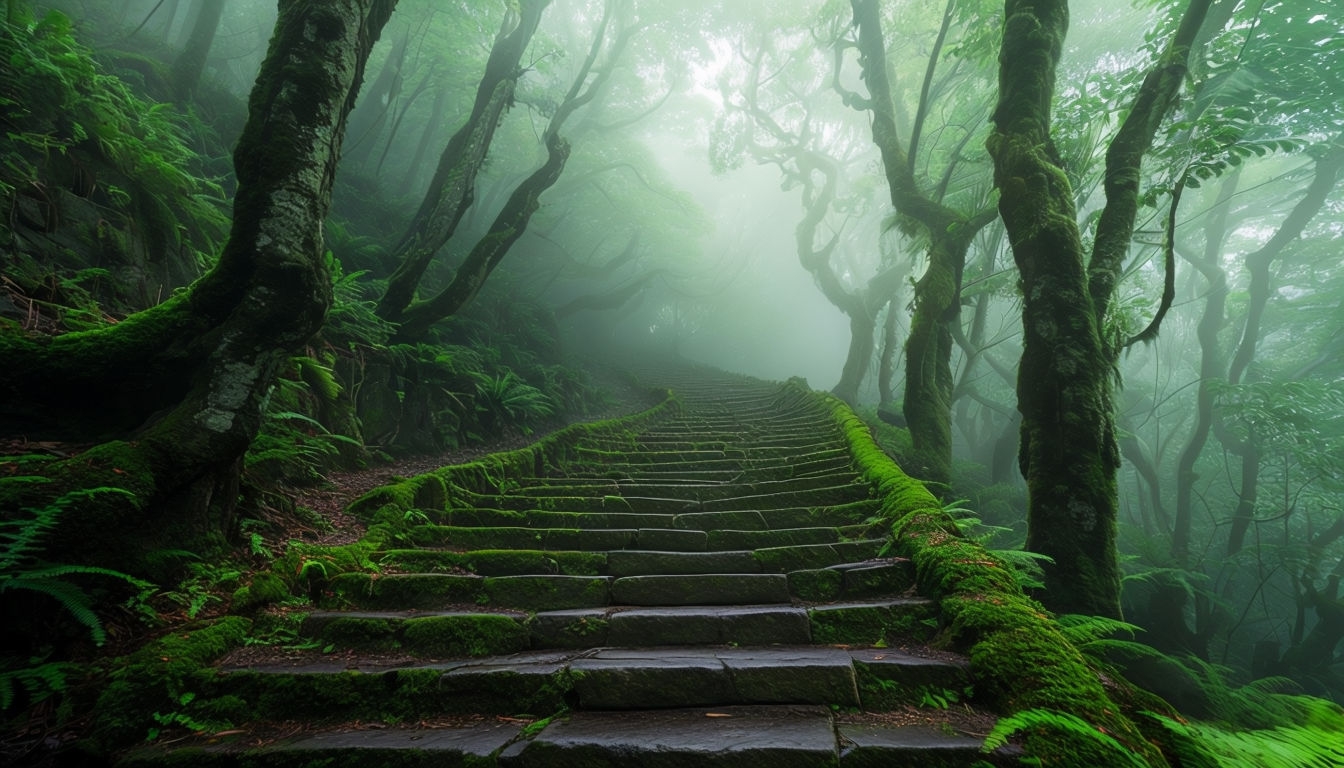 Ancient Stone Stairway Enshrouded in Mist Virtual Background